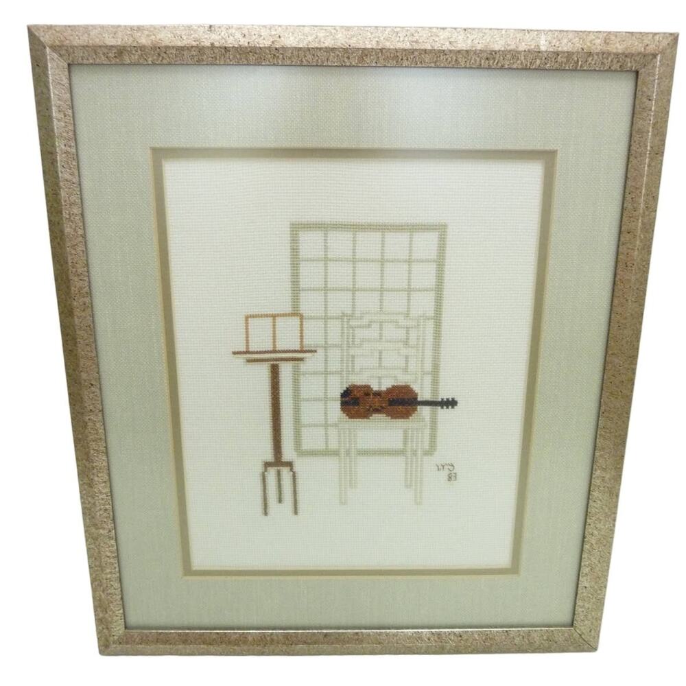 Vintage Cross Stitch Violin on Chair Framed Music Art Cottagecore